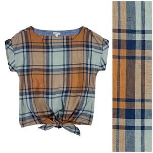 LL Bean Linen Plaid Short Sleeve Tie Front Top Women S Blue Rust Coastal Summer